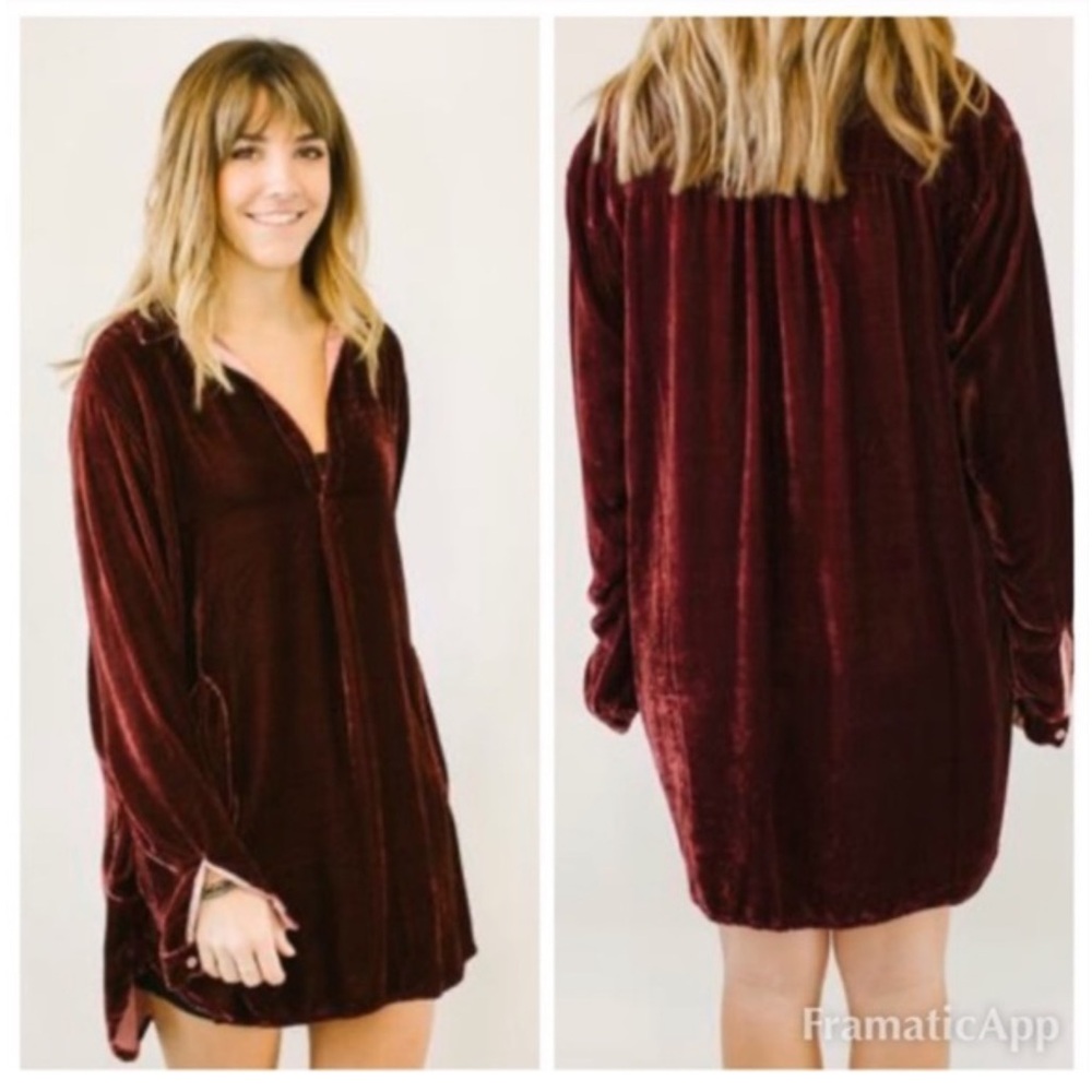 CP SHADES FREE PEOPLE burgundy red velvet v-neck long sleeve tunic shirt dress - Picture 2 of 12